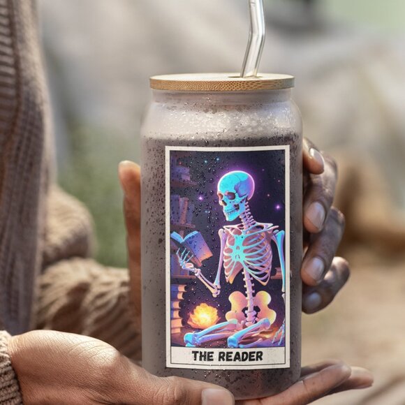 The Reader, Reader Tarot Card Tumbler, Gothic Mug, Iridescent Skeleton Glass Cup - Picture 3 of 7